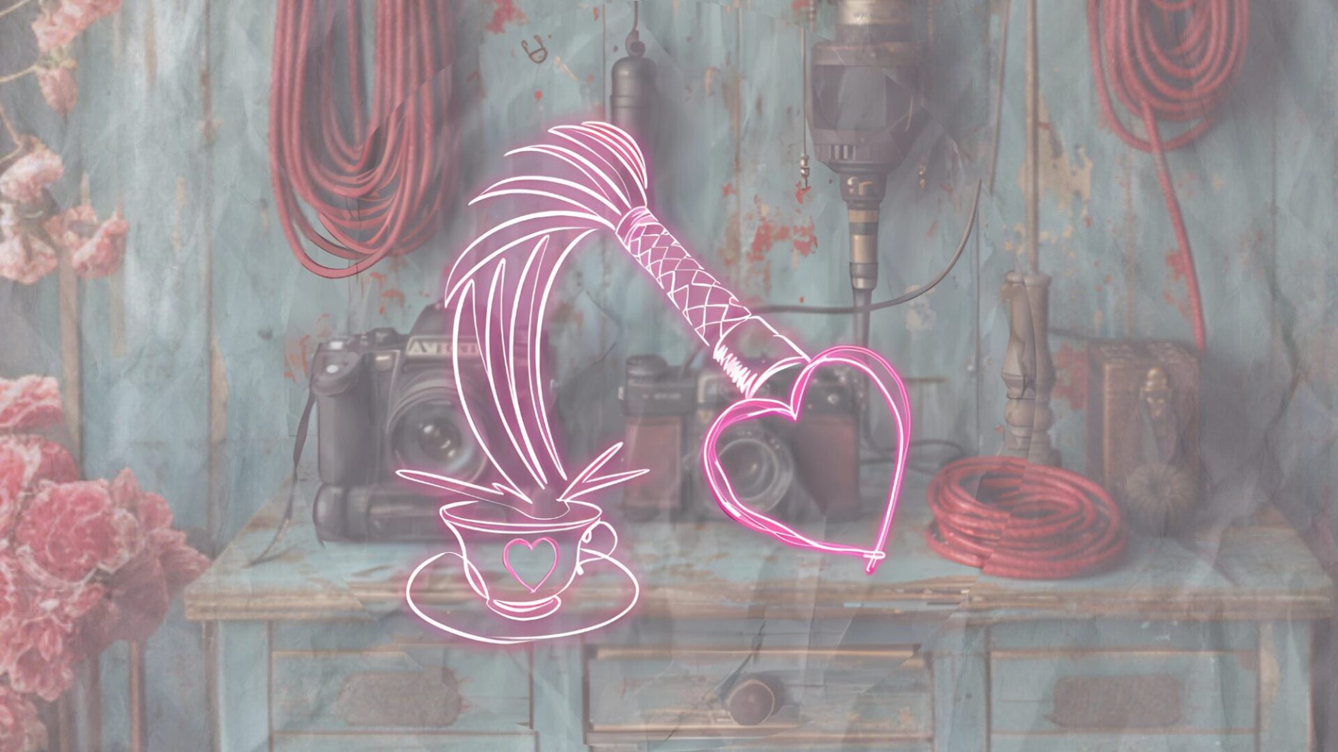 A neon teacup with a whip and heart. The logo for creators spicy chats the coaching team for adult content creators