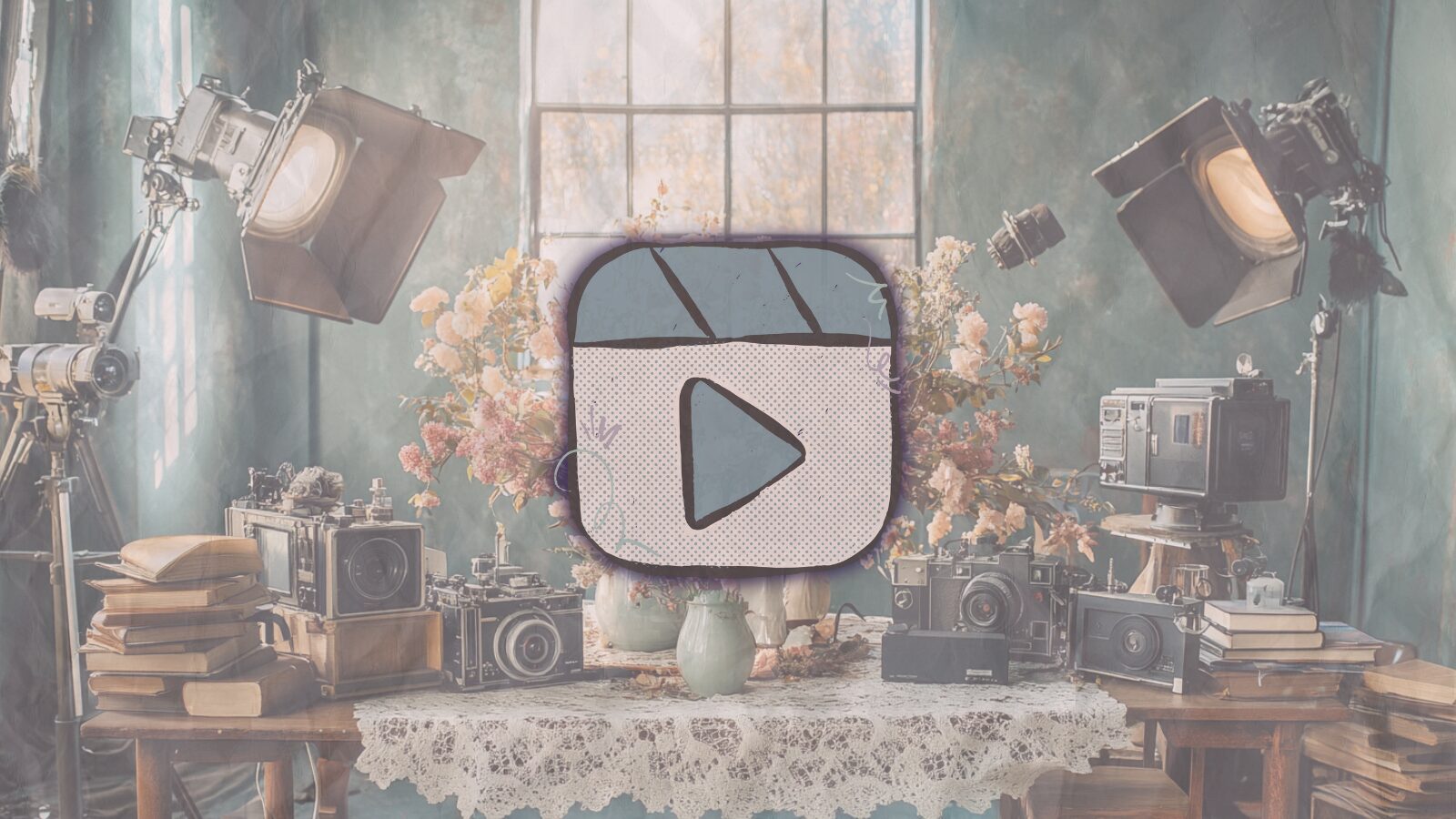 A cartoon style YouTube logo in front of a vintage floral background with camera equipment. A signature style of creators spicy tea