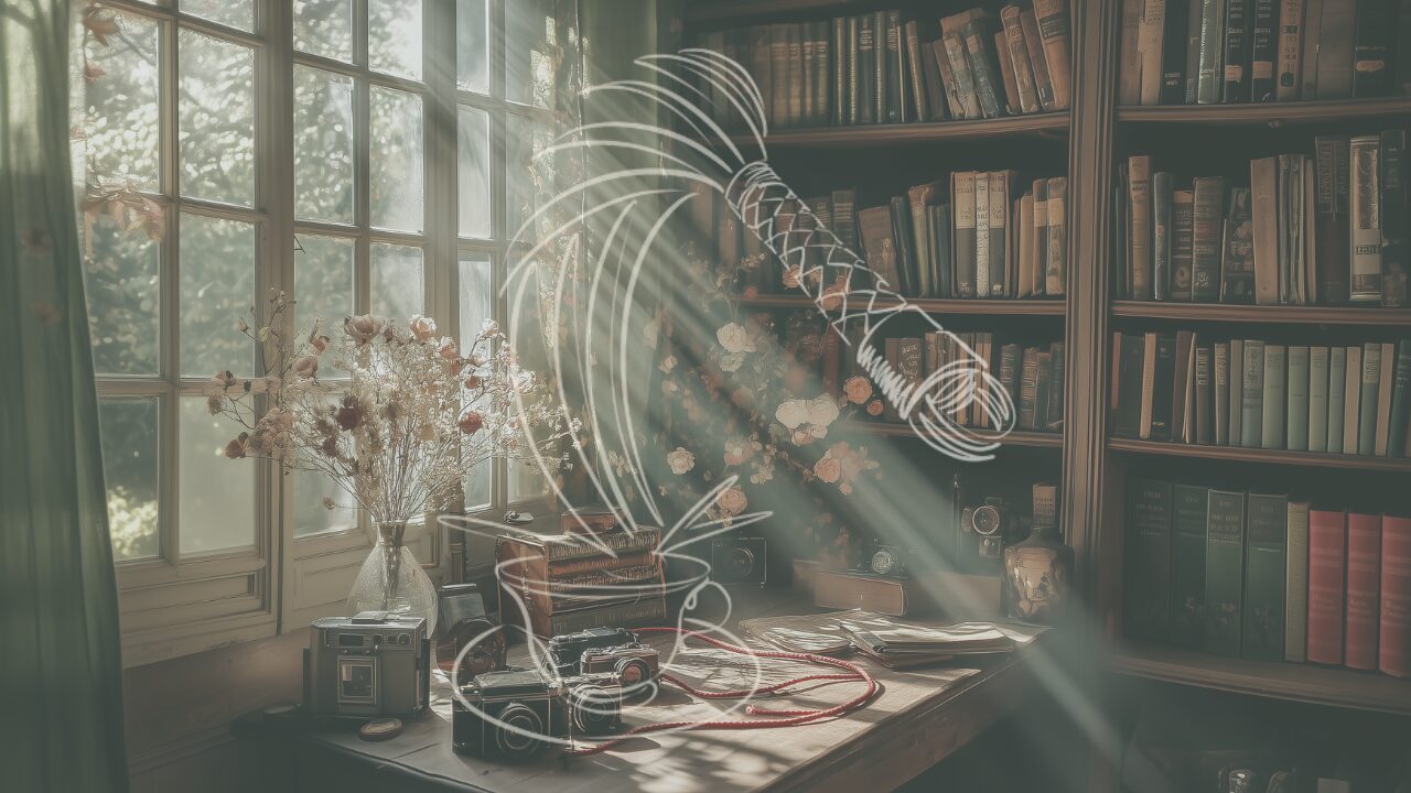 The signature logo of creators spicy tea over a background image of an old library